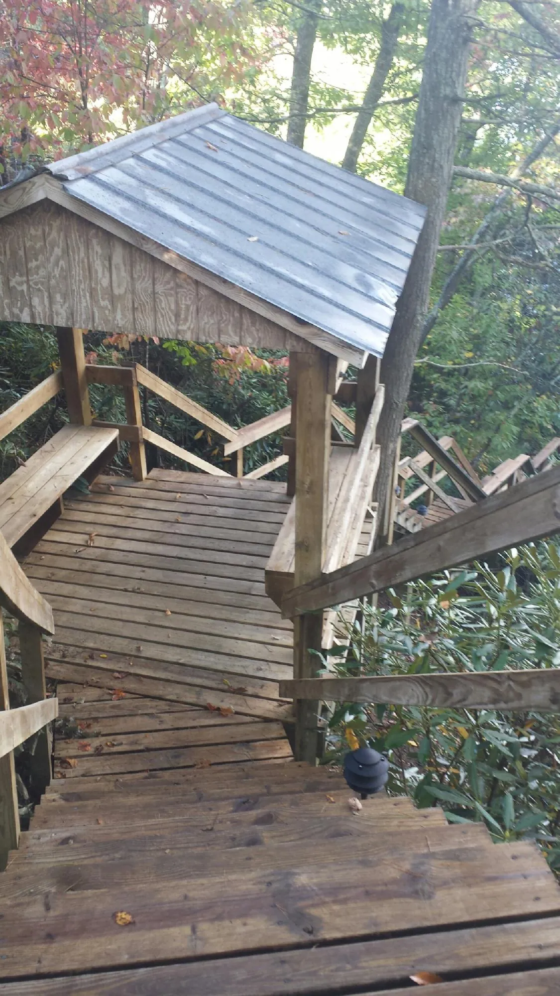 Metal roofed shelter over wooden steps on a wooded walkway — Skylight Repair & Installation work by our crew in Allred